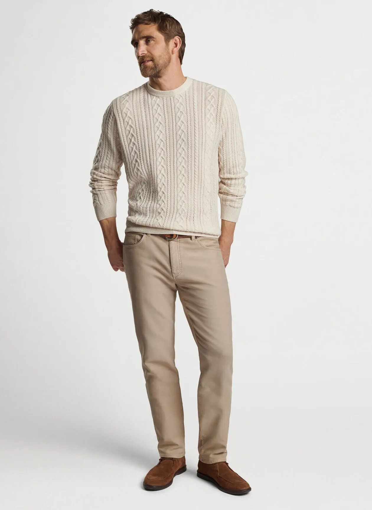 Peter Millar Mens Classic Fit Crescent Ridge Cable Crew - WINTER IVORY