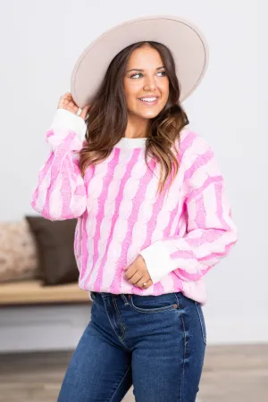 Pink and Ivory Cable Knit Sweater