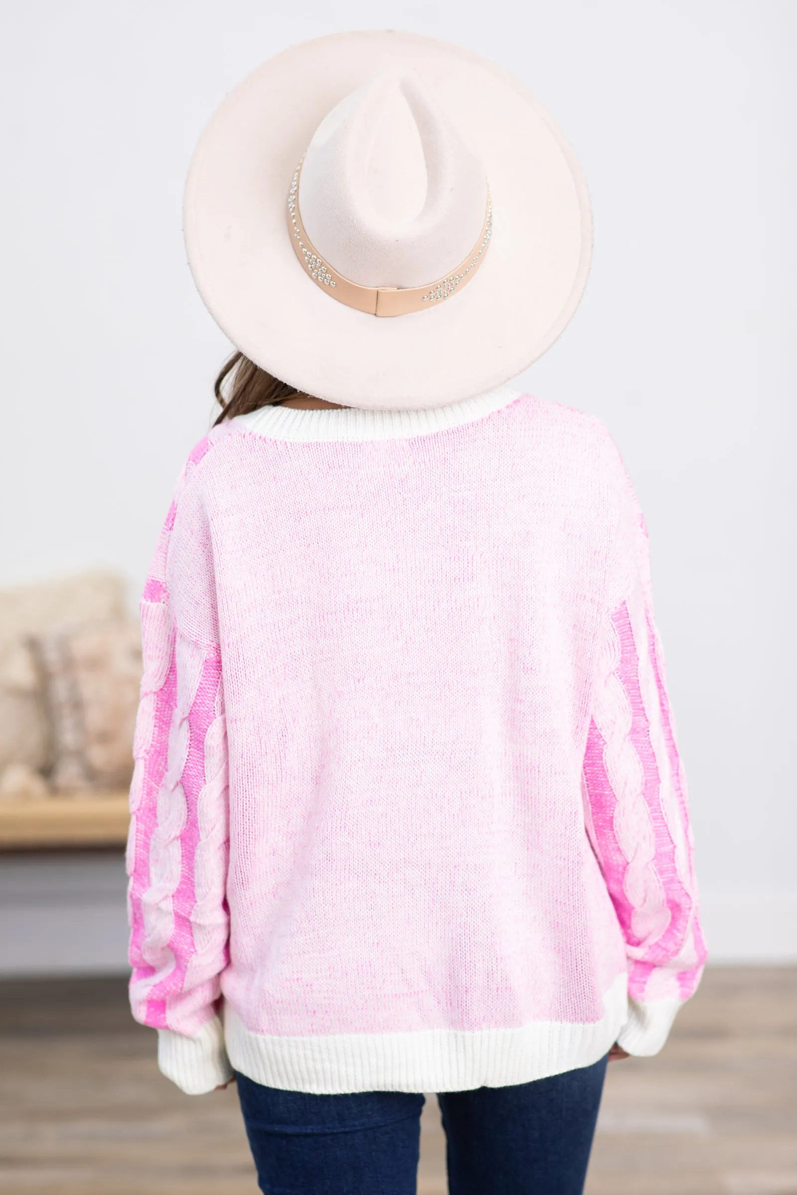 Pink and Ivory Cable Knit Sweater