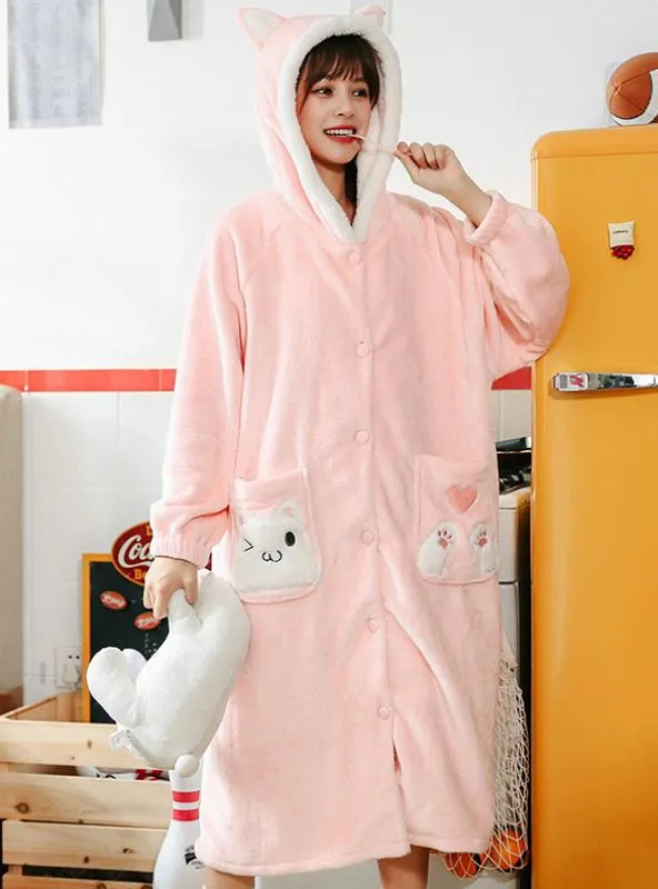 PINK CAT FLANNEL PAJAMAS WOMEN'S THICKENED NIGHTGOWN