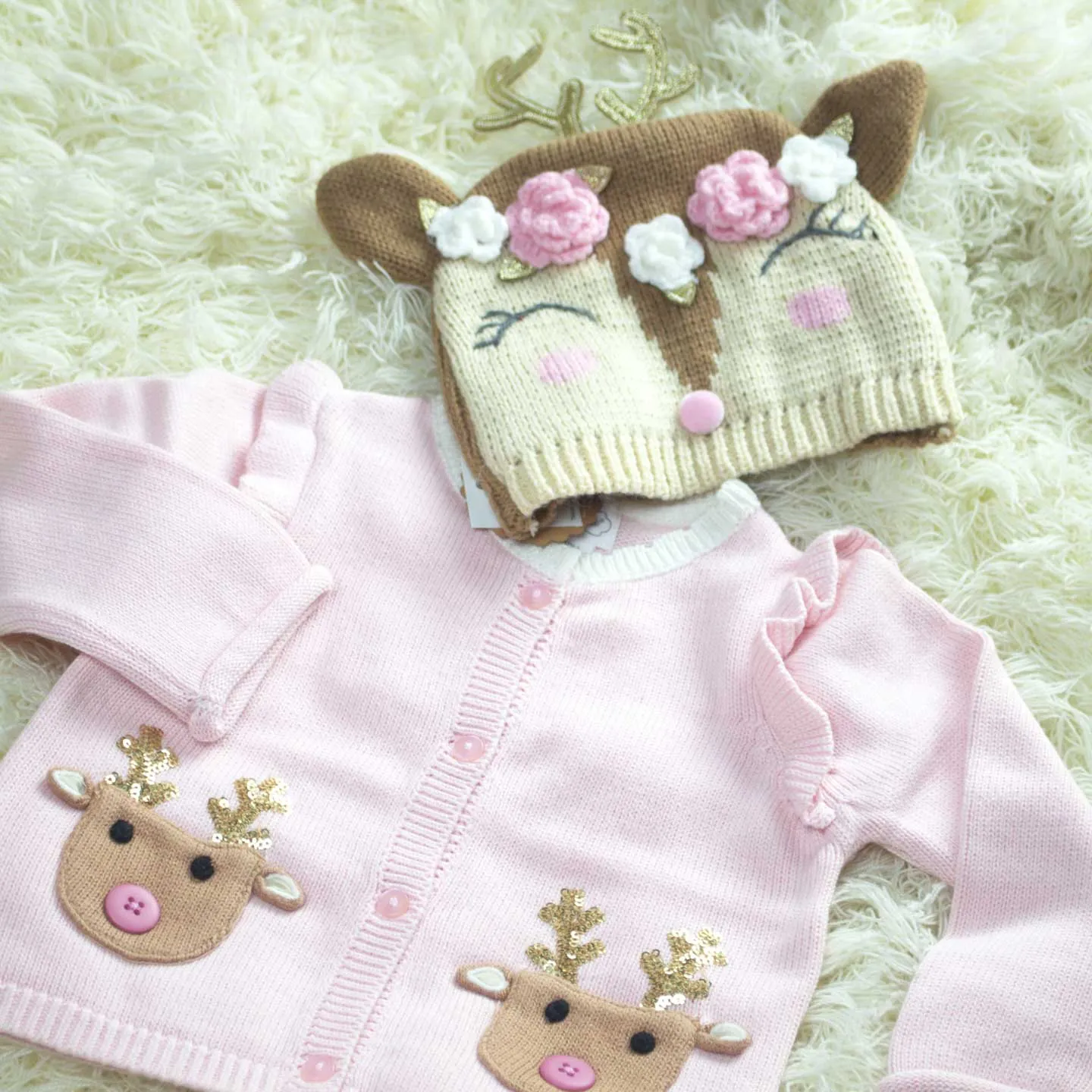Pink Reindeer Ruffle Cardigan & Hat