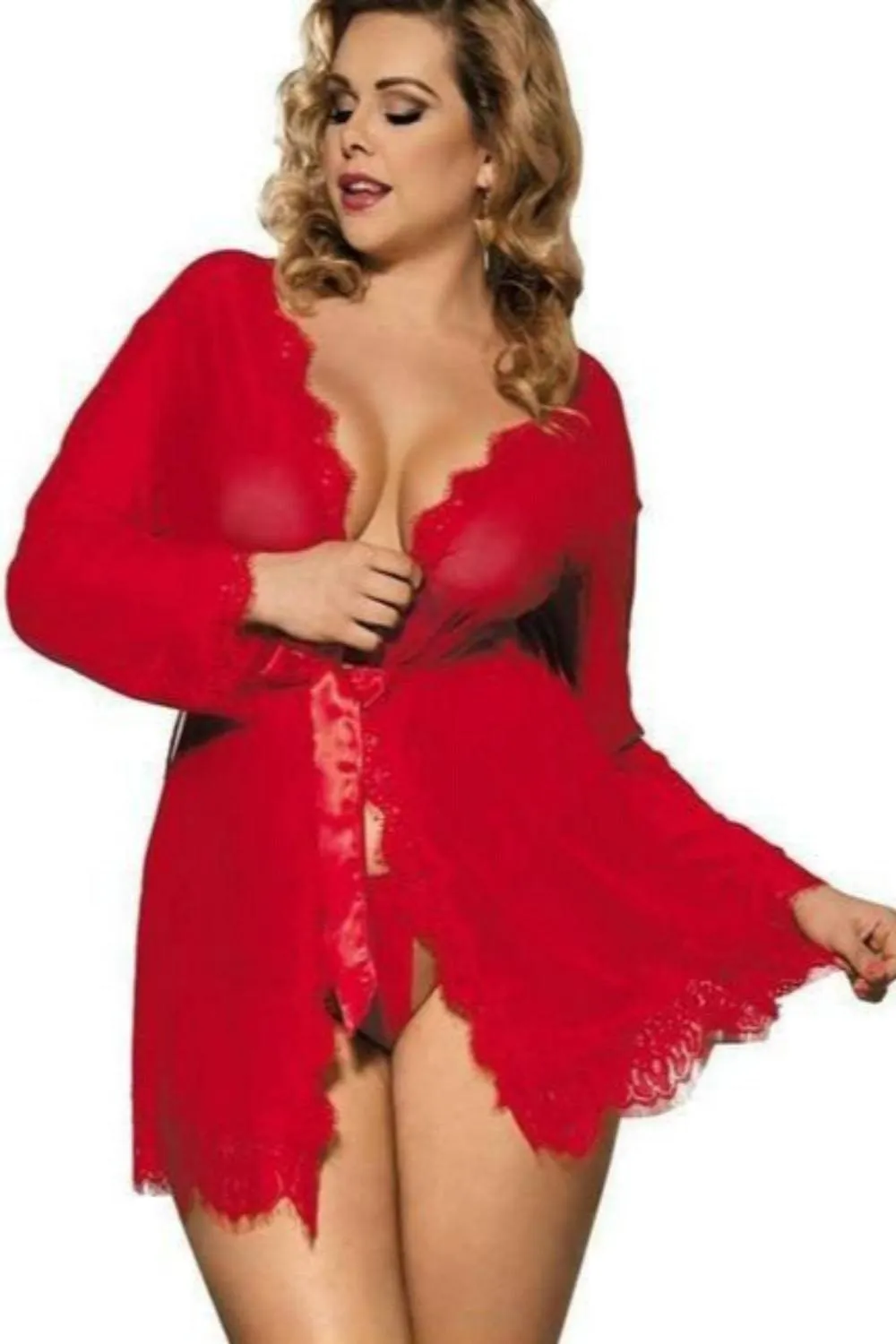 Plus Size Babydoll Lace Trim Mesh See Through Robe