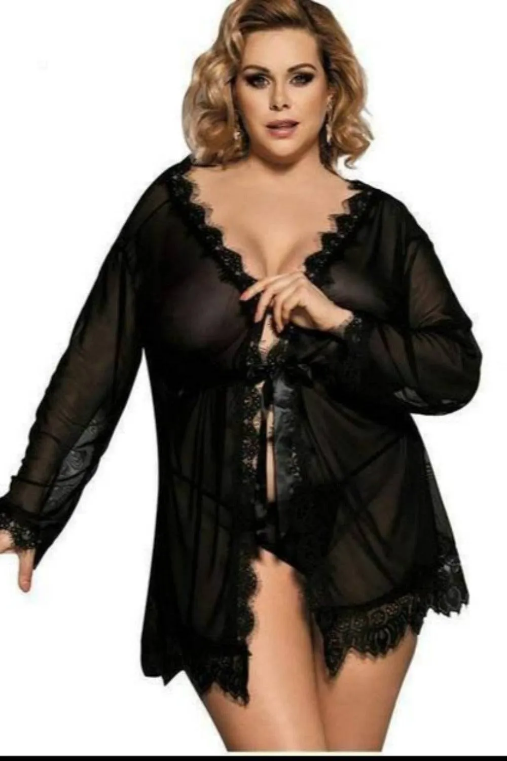 Plus Size Babydoll Lace Trim Mesh See Through Robe