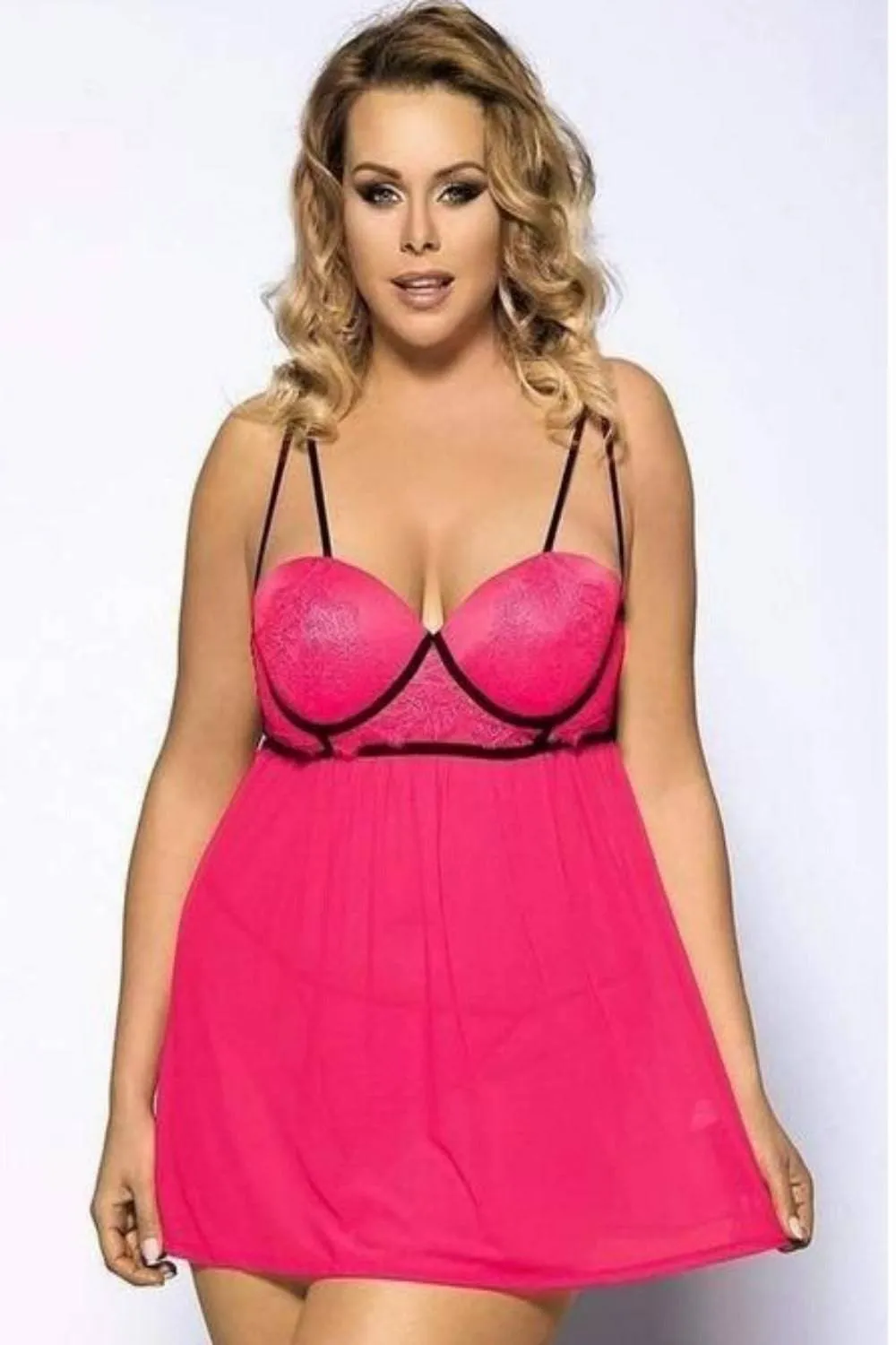 Plus Size Lace Cup Push Up Bra Babydoll Nightgown Lingerie Set