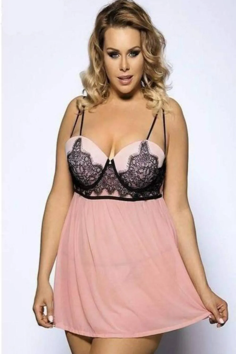 Plus Size Lace Cup Push Up Bra Babydoll Nightgown Lingerie Set