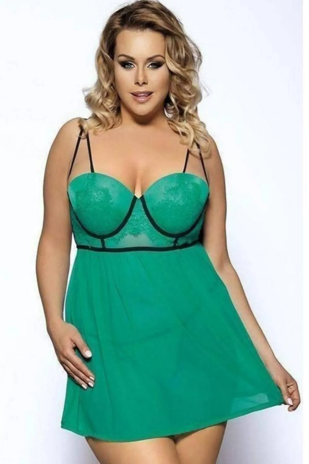 Plus Size Lace Cup Push Up Bra Babydoll Nightgown Lingerie Set