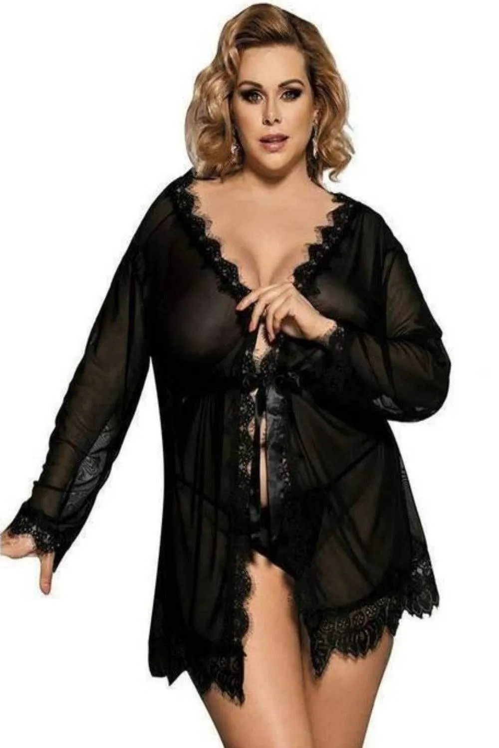 Plus Size Lace Trim Mesh See Through Robe With Belt