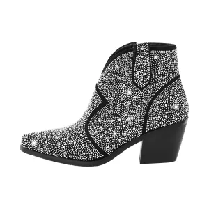 Pointed Toe Chunky Heel Rhinestone Boots