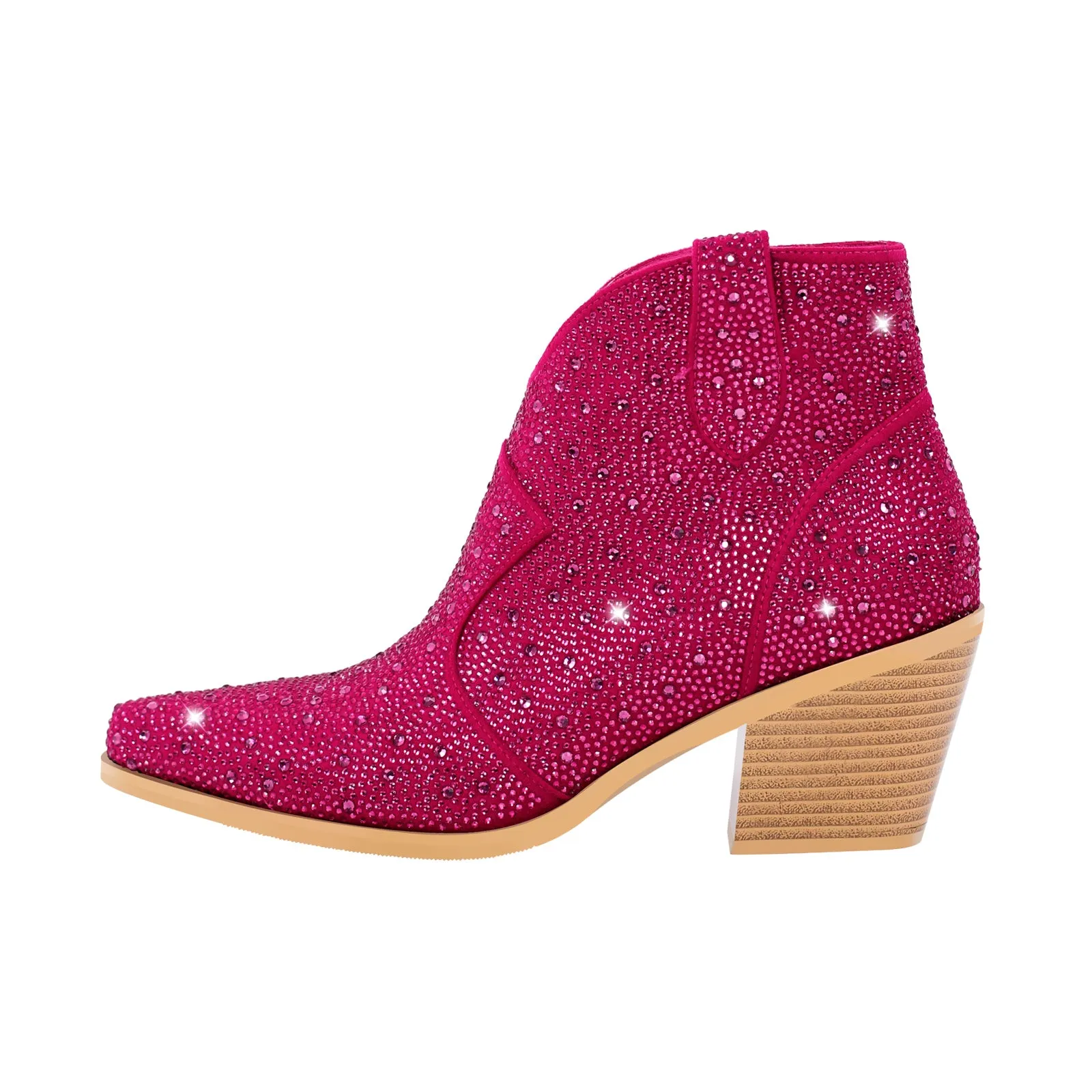 Pointed Toe Chunky Heel Rhinestone Boots