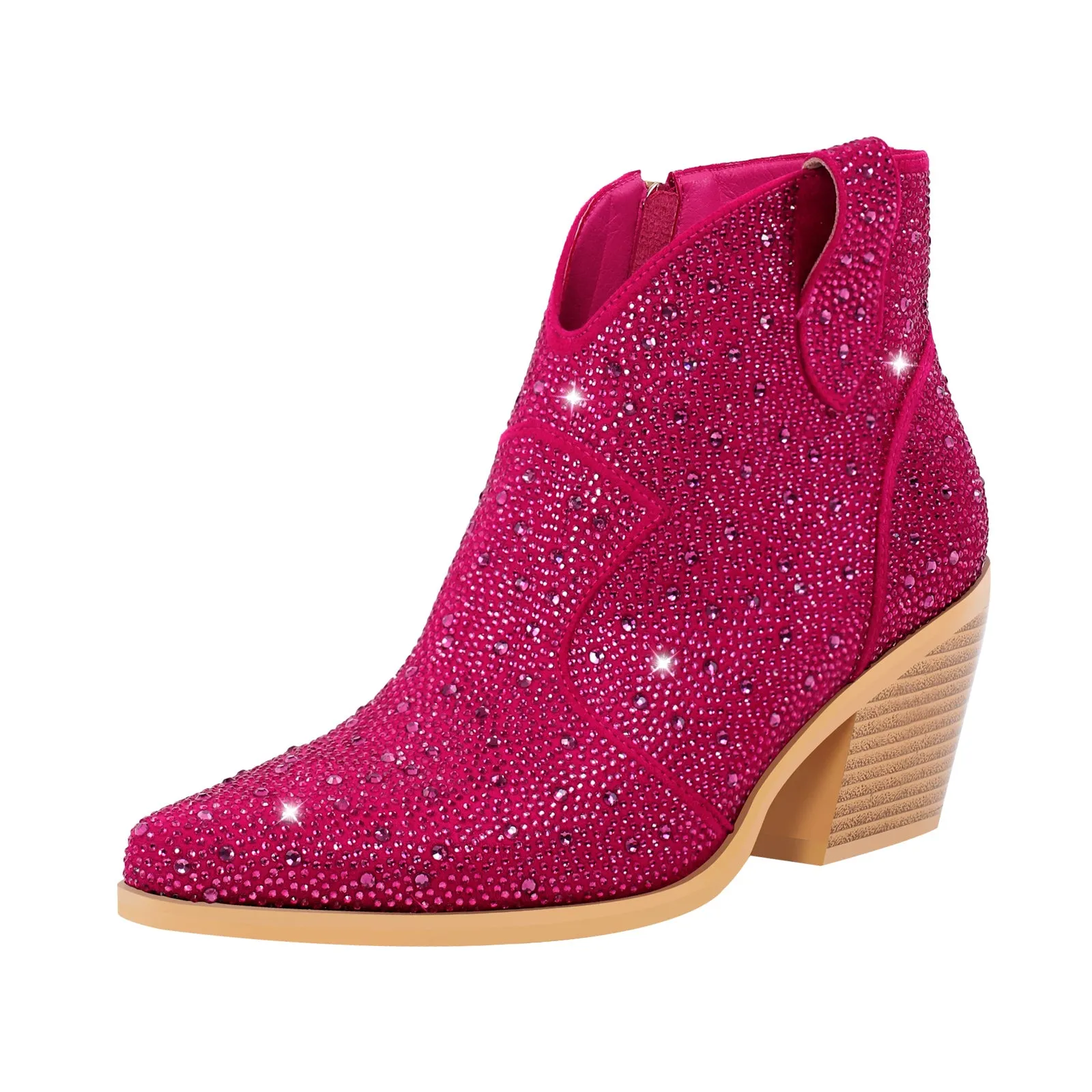 Pointed Toe Chunky Heel Rhinestone Boots