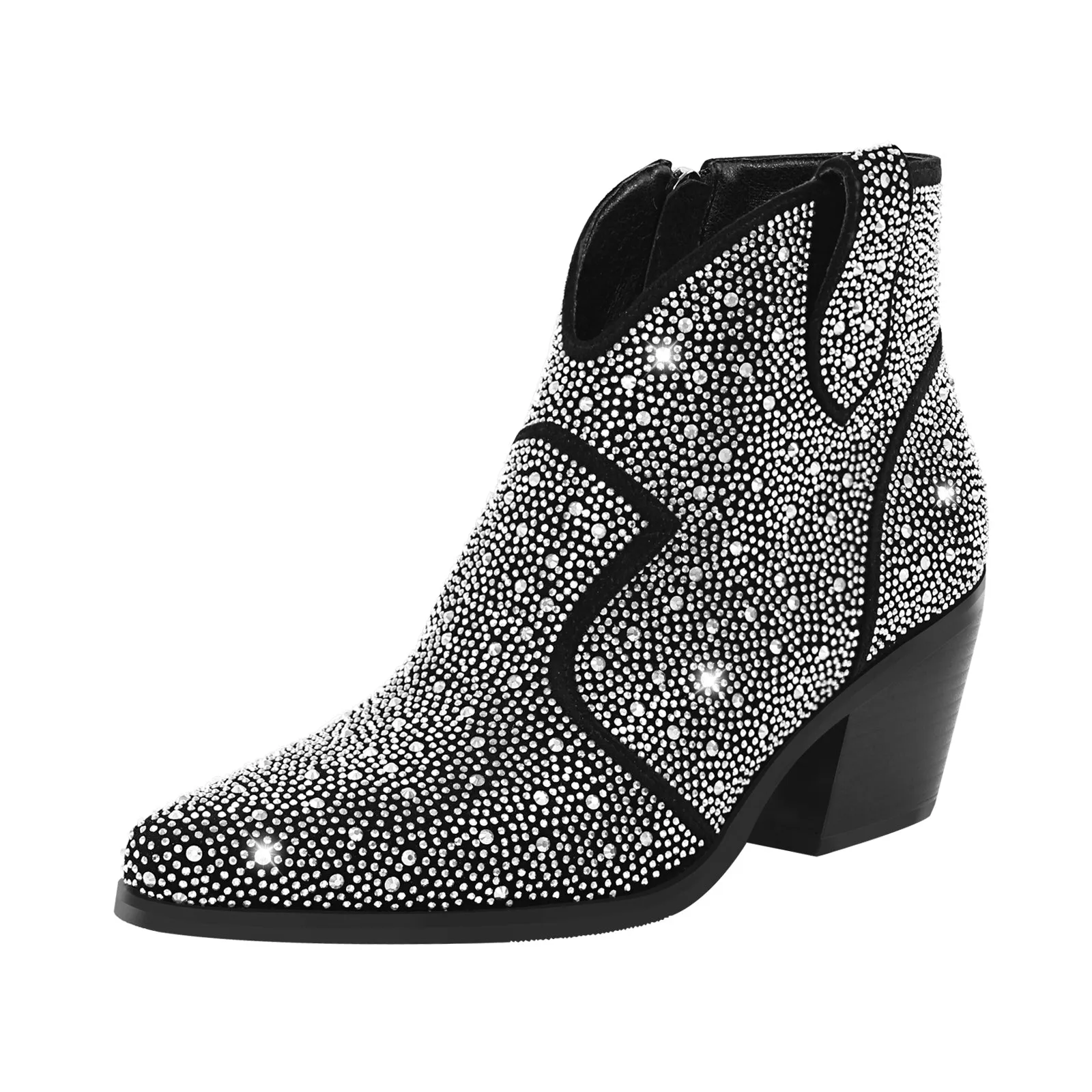 Pointed Toe Chunky Heel Rhinestone Boots