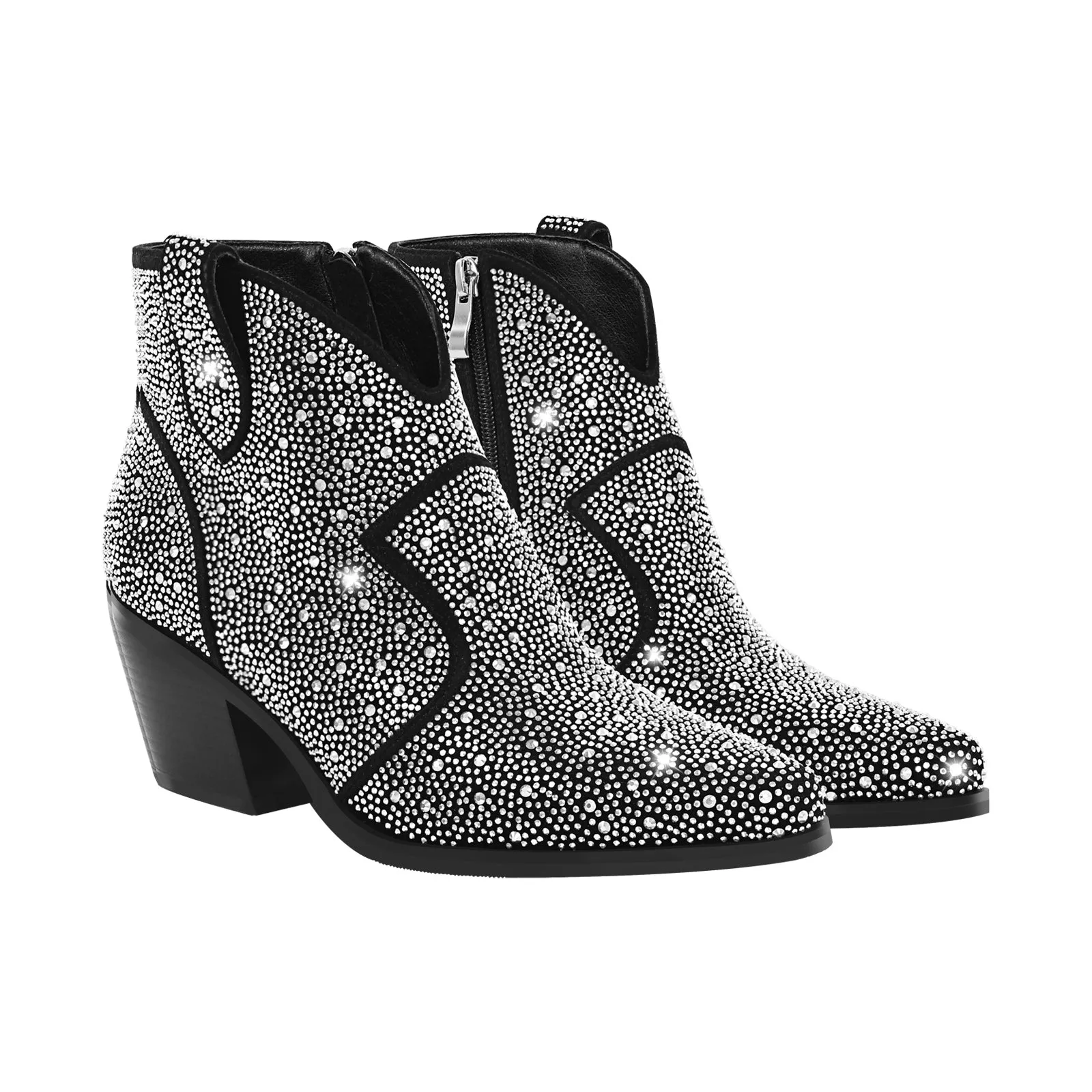 Pointed Toe Chunky Heel Rhinestone Boots