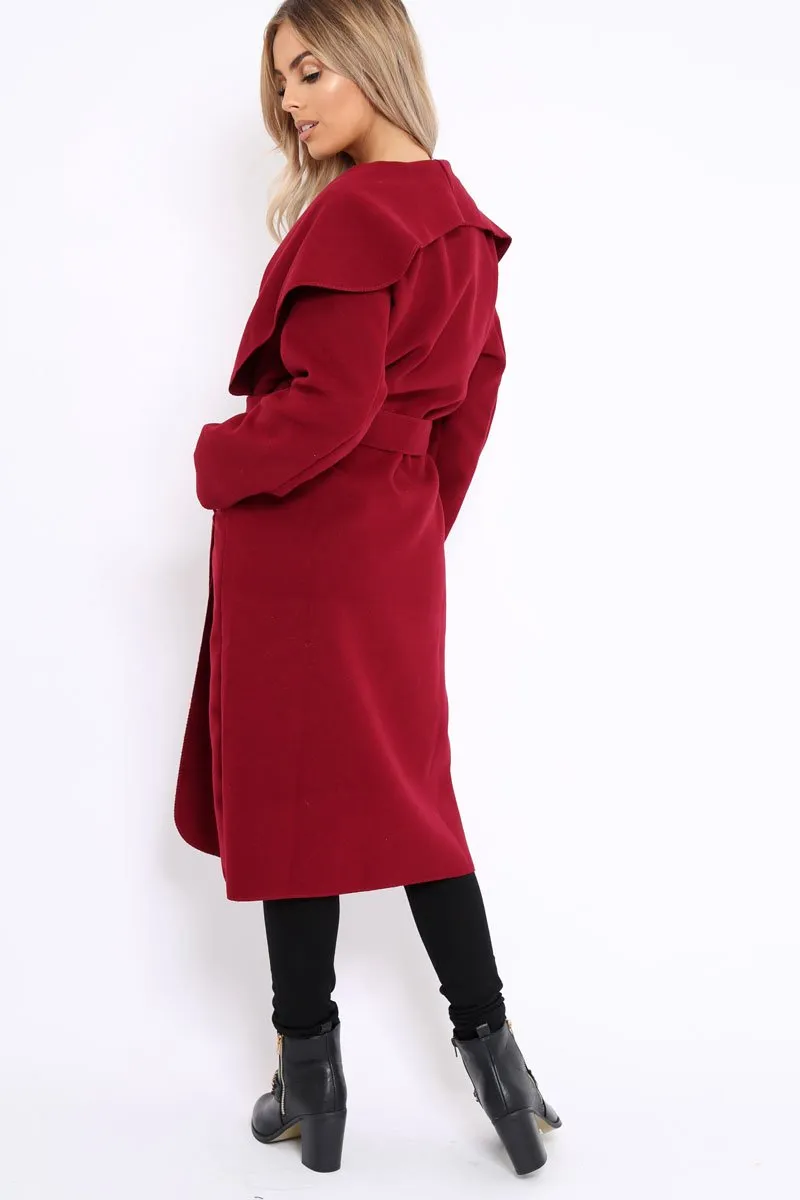 Red Long Length Waterfall Belted Coat - Cindy