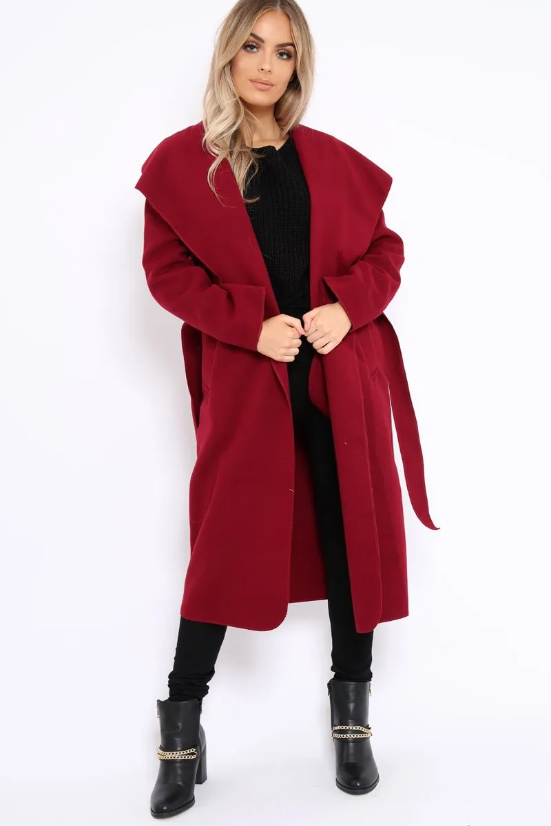 Red Long Length Waterfall Belted Coat - Cindy