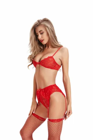 Rose Red Strappy Womens Transparent Lace Bra and Panty Sets - 2 Piece Matching Lingerie Set for