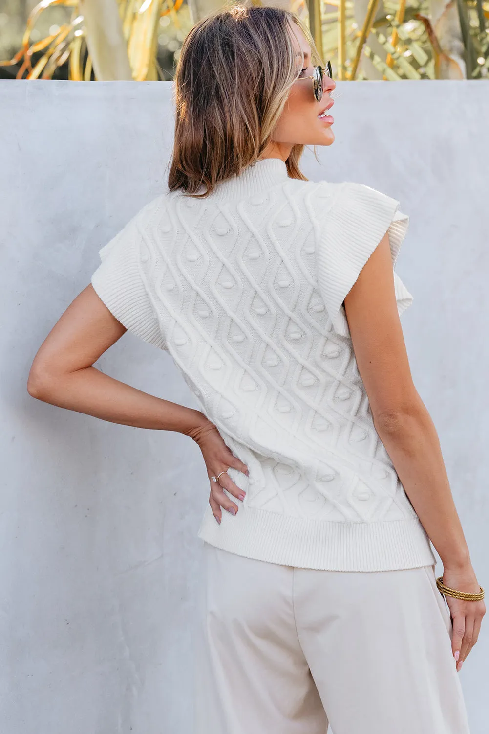 Rue Ruffled Round Neck Cap Sleeve Knit Top