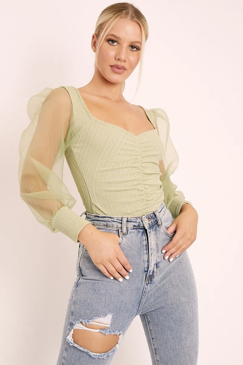 Sage Ruched Metallic Puff Sleeve Bodysuit - Elvie