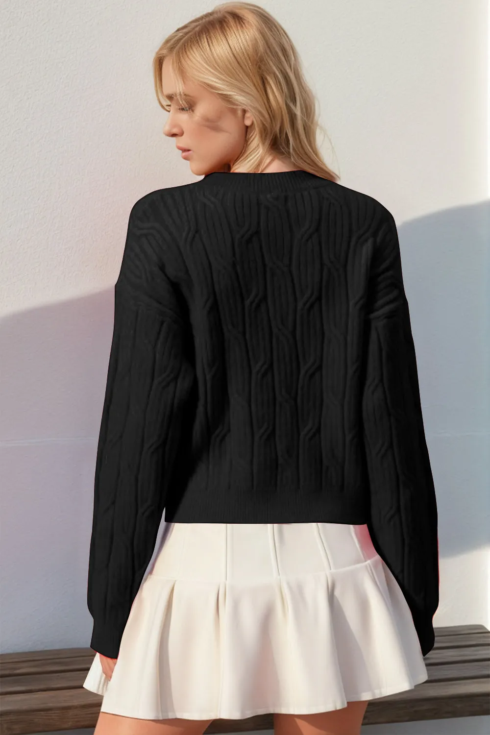 Sarah Double Take Full Size Bow Cable-Knit Round Neck Sweater