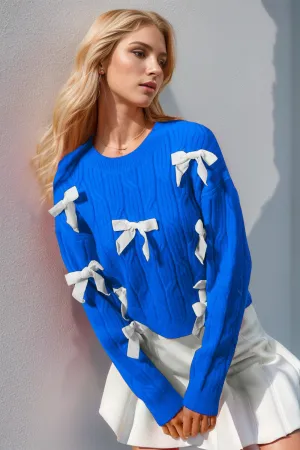 Sarah Double Take Full Size Bow Cable-Knit Round Neck Sweater