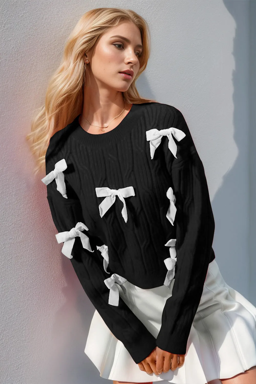Sarah Double Take Full Size Bow Cable-Knit Round Neck Sweater