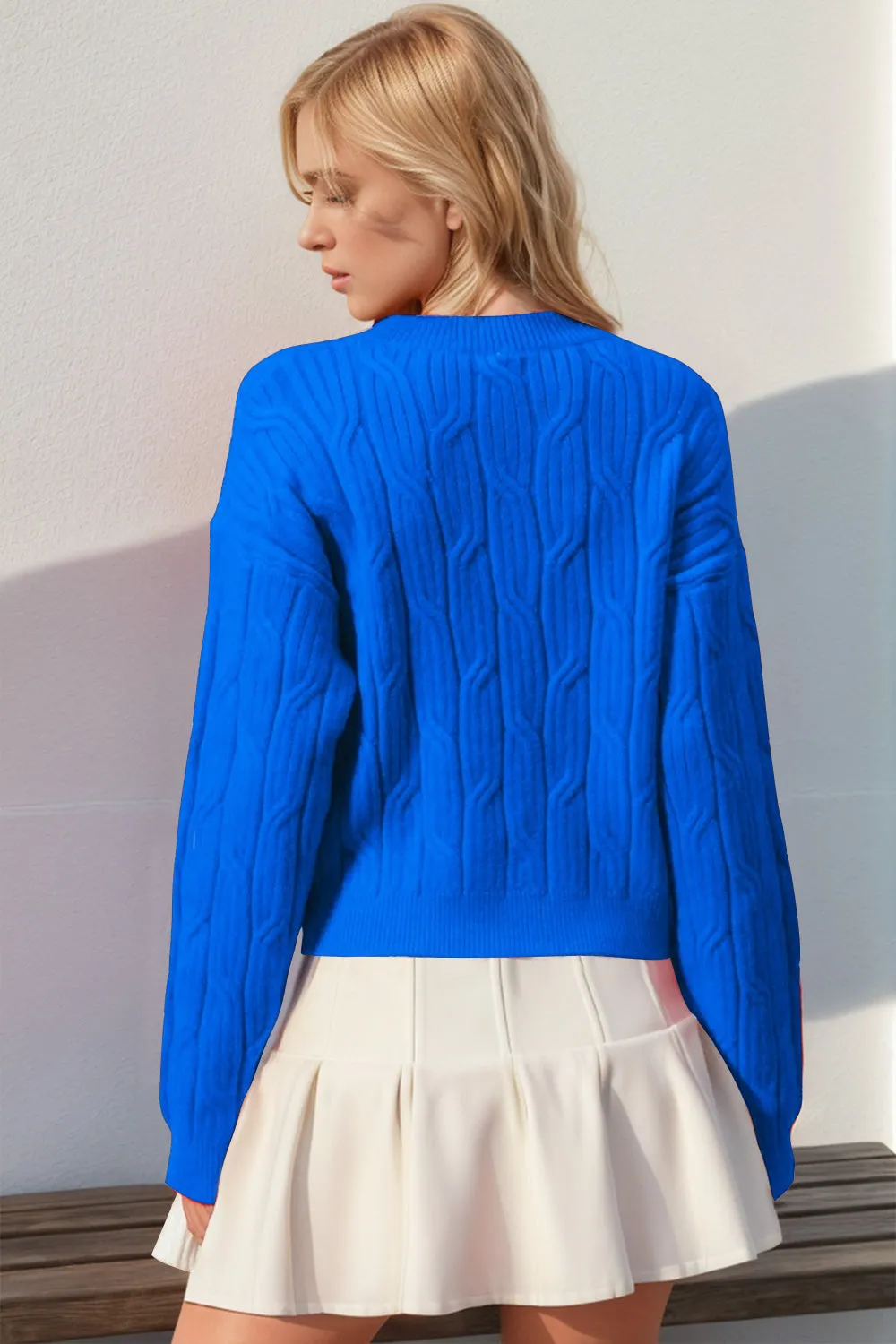 Sarah Double Take Full Size Bow Cable-Knit Round Neck Sweater