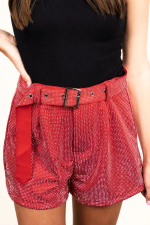 Saturday Shimmer Red Crystal Belted Shorts
