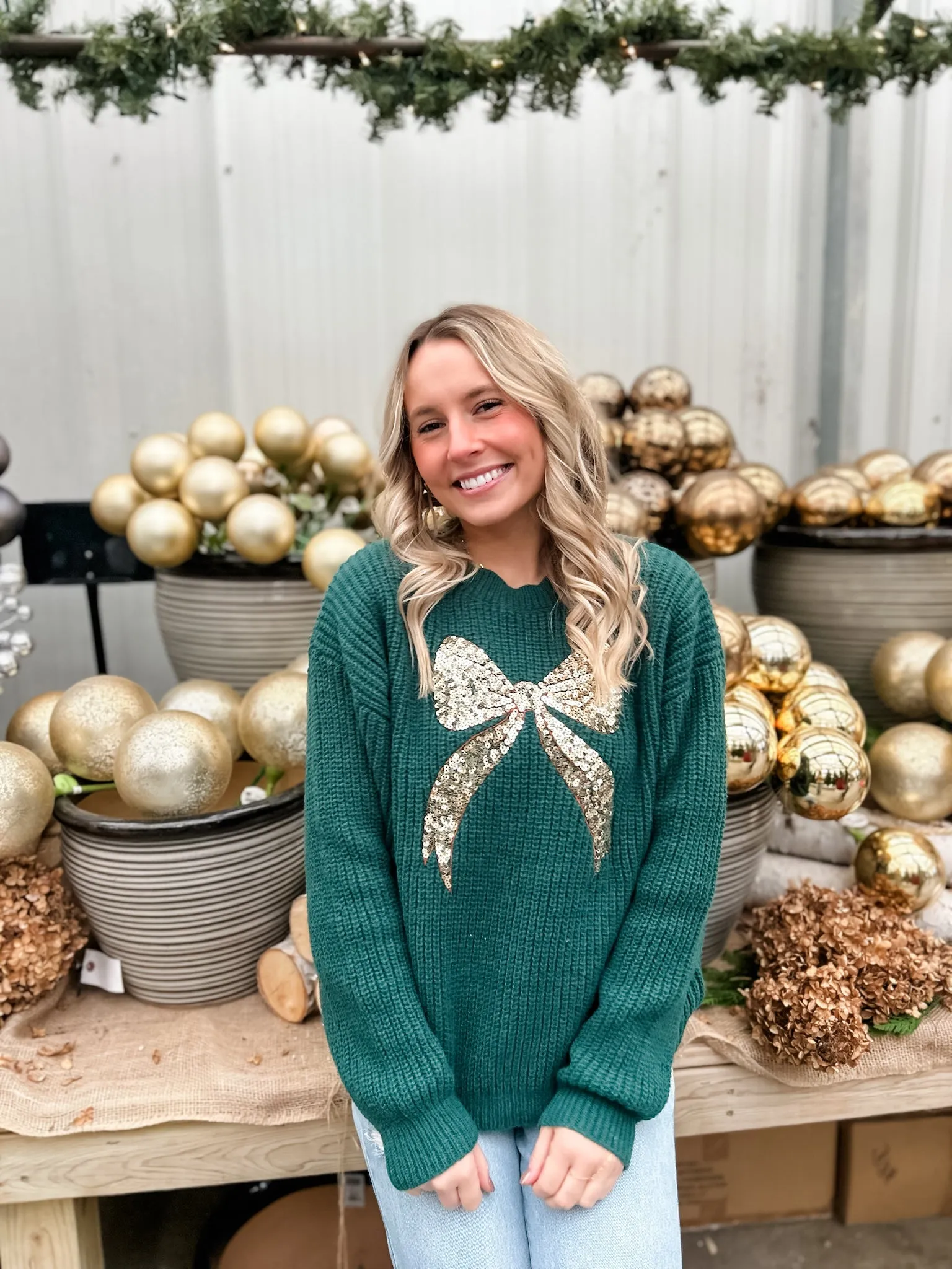 Sequin Bow Knit Sweater - Hunter Green