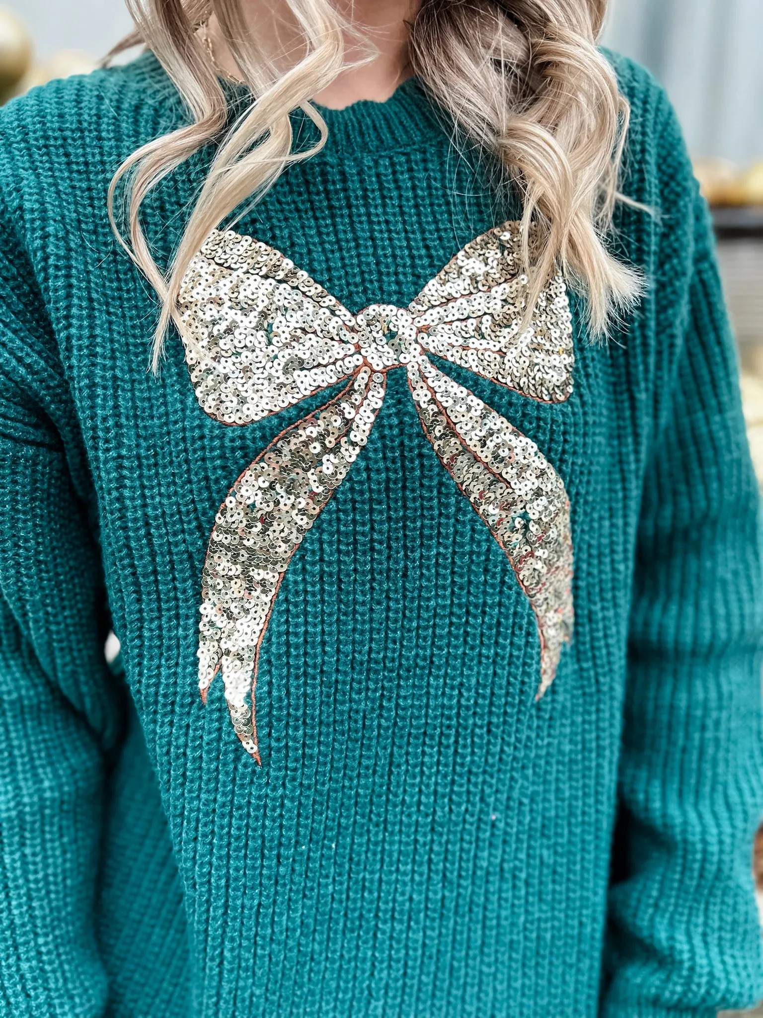 Sequin Bow Knit Sweater - Hunter Green