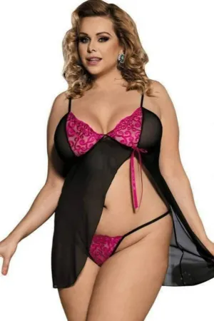 Sheer Black Tulle Pink Furcate Nightwear