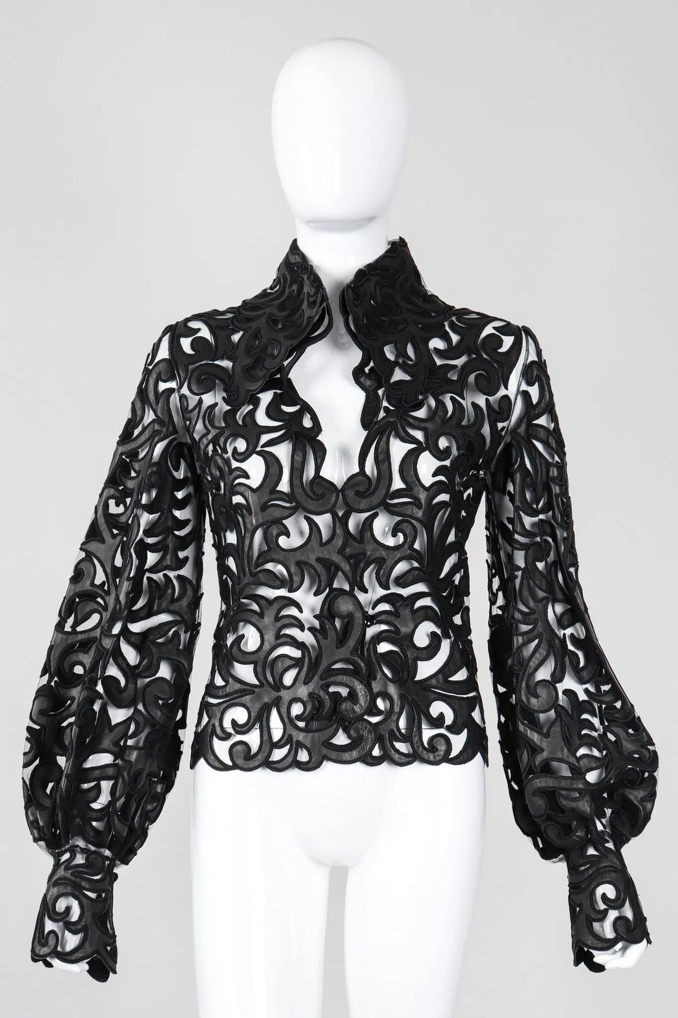 Sheer Leather Appliqué Mesh Blouse