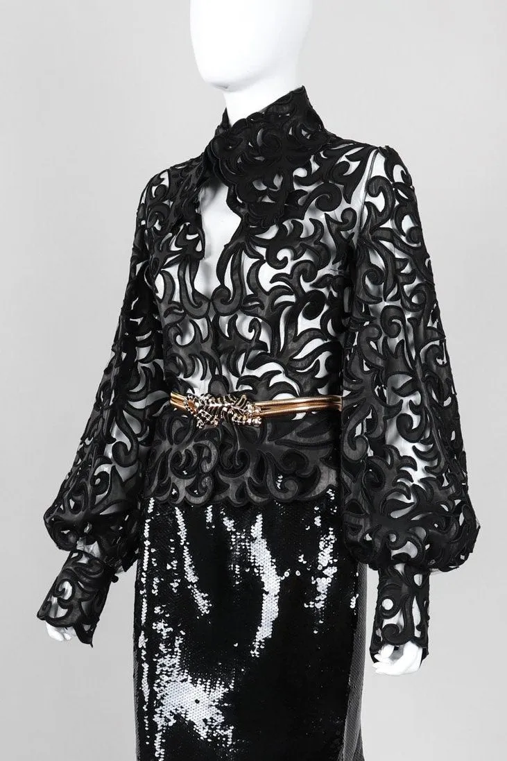 Sheer Leather Appliqué Mesh Blouse