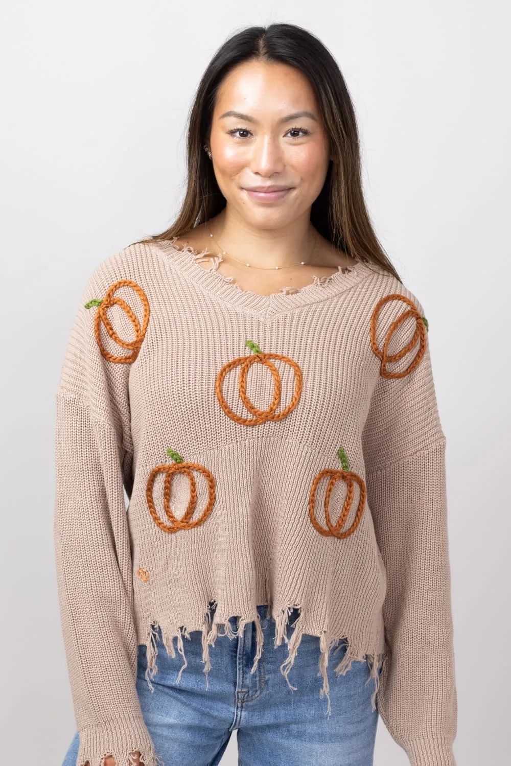 Simply Southern Pumpkin Distressed V-Neck Sweater for Women in Tan Pumpkin | PP-0224-SWTR-KNT-VNCK-PUMPKIN