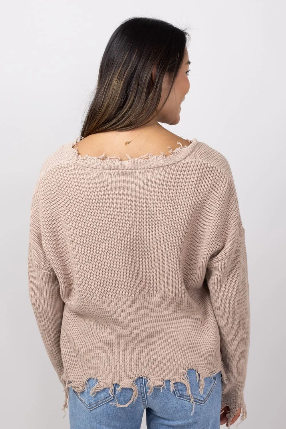 Simply Southern Pumpkin Distressed V-Neck Sweater for Women in Tan Pumpkin | PP-0224-SWTR-KNT-VNCK-PUMPKIN