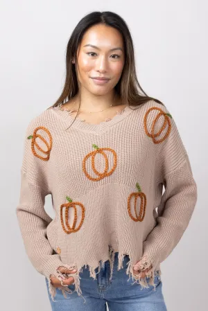 Simply Southern Pumpkin Distressed V-Neck Sweater for Women in Tan Pumpkin | PP-0224-SWTR-KNT-VNCK-PUMPKIN