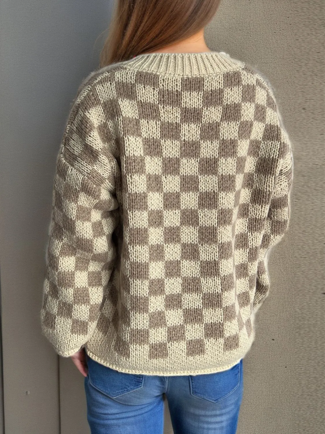 Tabbie Checkered Button Up Round Neck Cardigan
