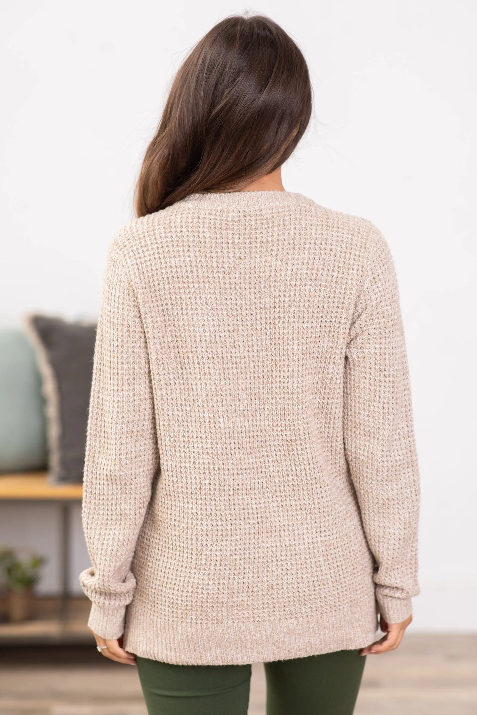 Tan Waffle Knit Round Neck Sweater