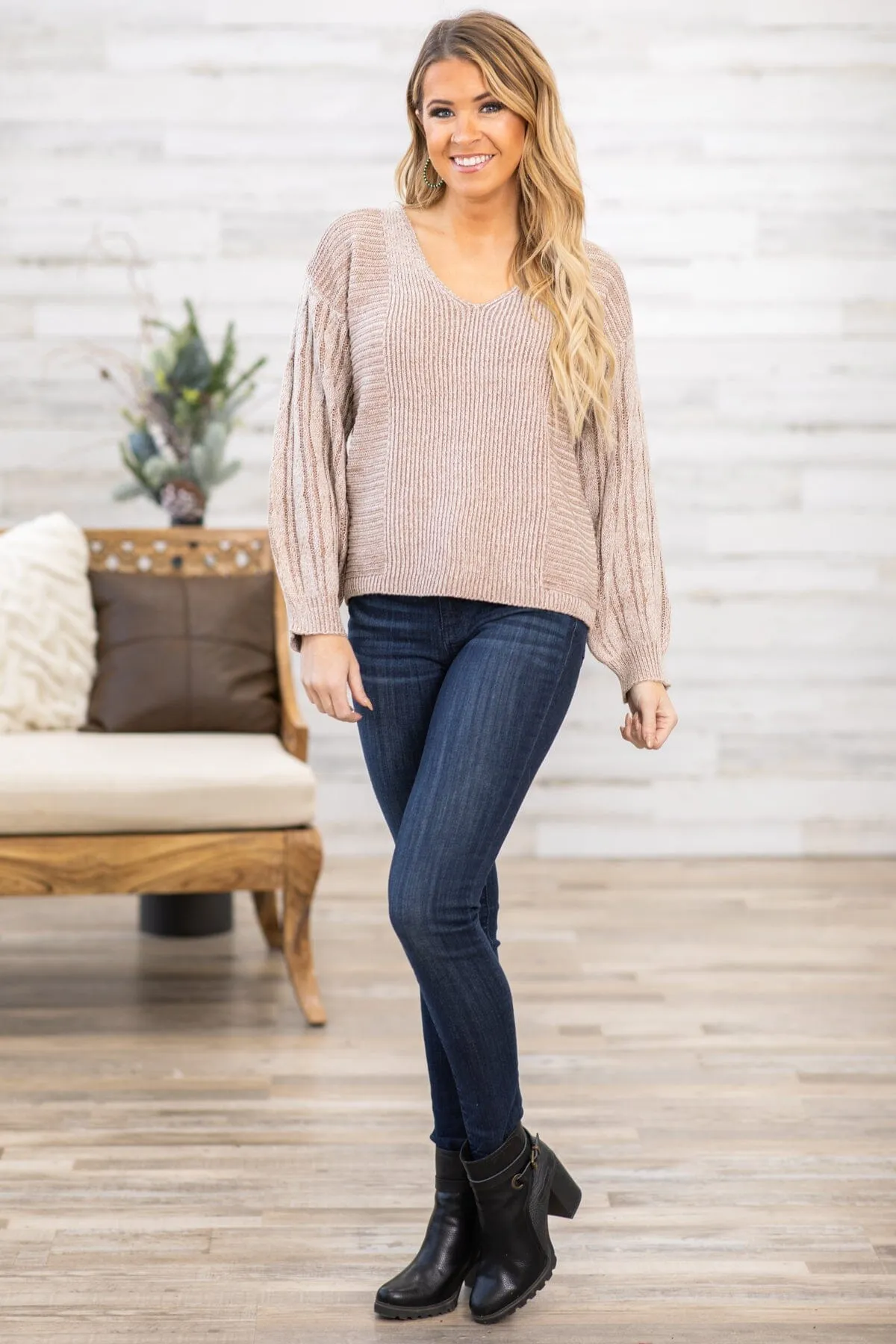Taupe Ribbed Cable Knit Sleeve Sweater