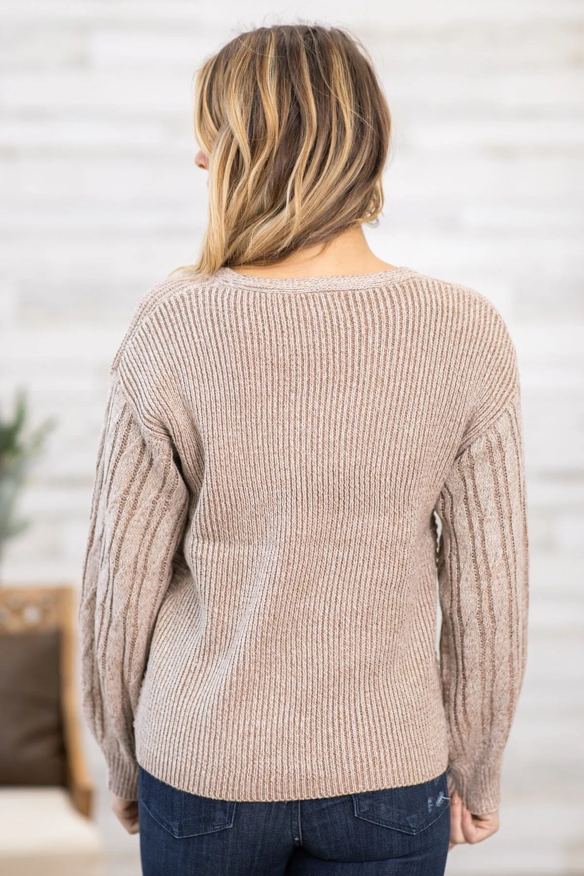 Taupe Ribbed Cable Knit Sleeve Sweater