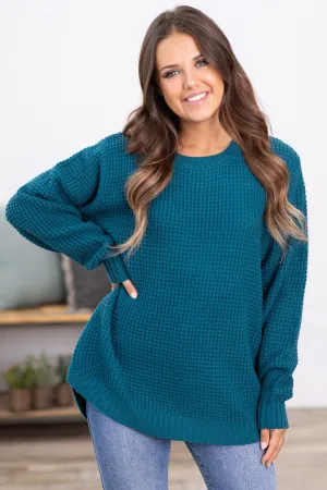 Teal Waffle Knit Round Hem Sweater