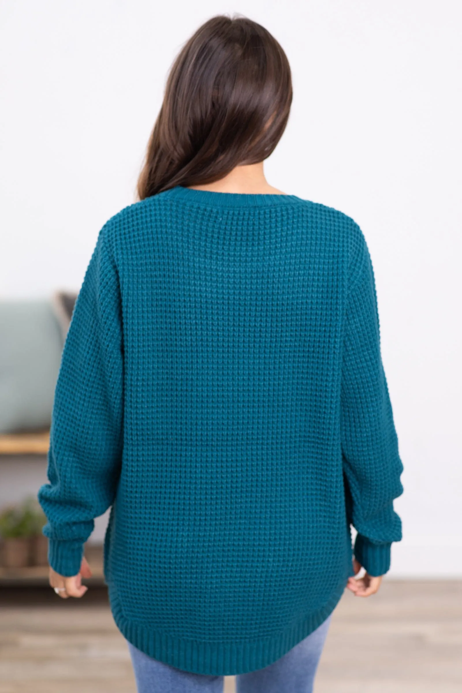 Teal Waffle Knit Round Hem Sweater