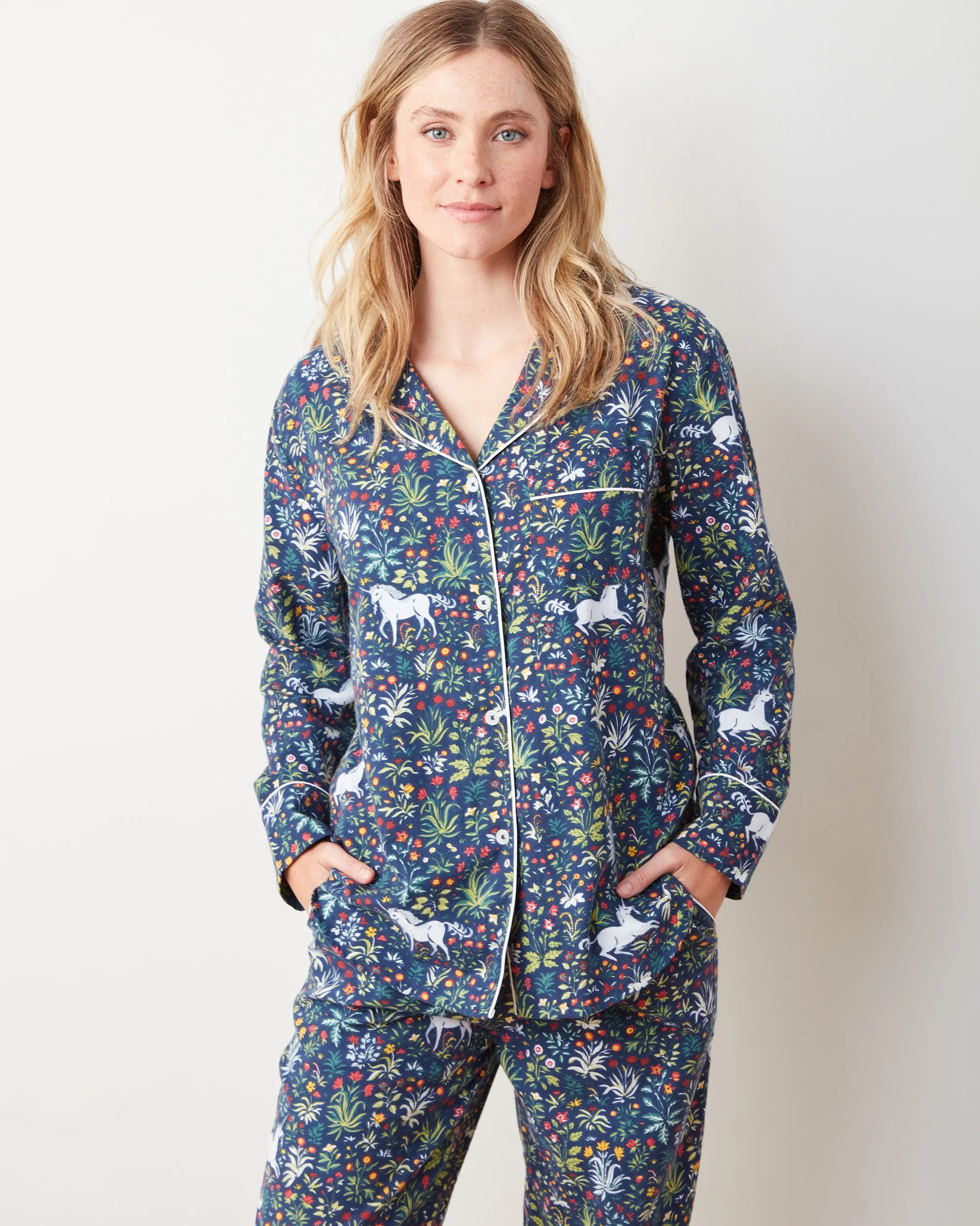 Unicorn's Garden - Tall Lightweight Flannel Long PJ Set - Indigo