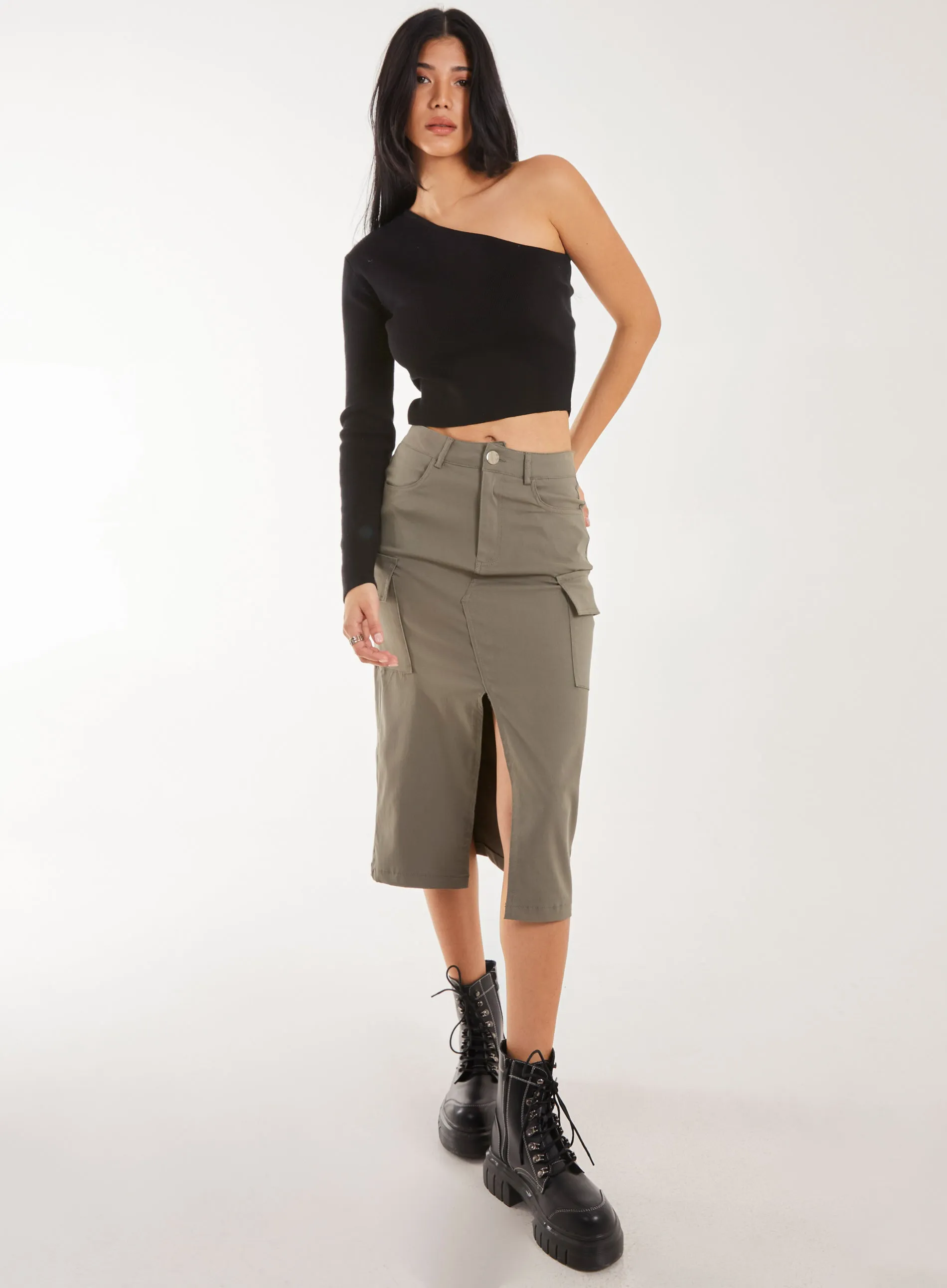 Utility Cargo Midi Slit Skirt