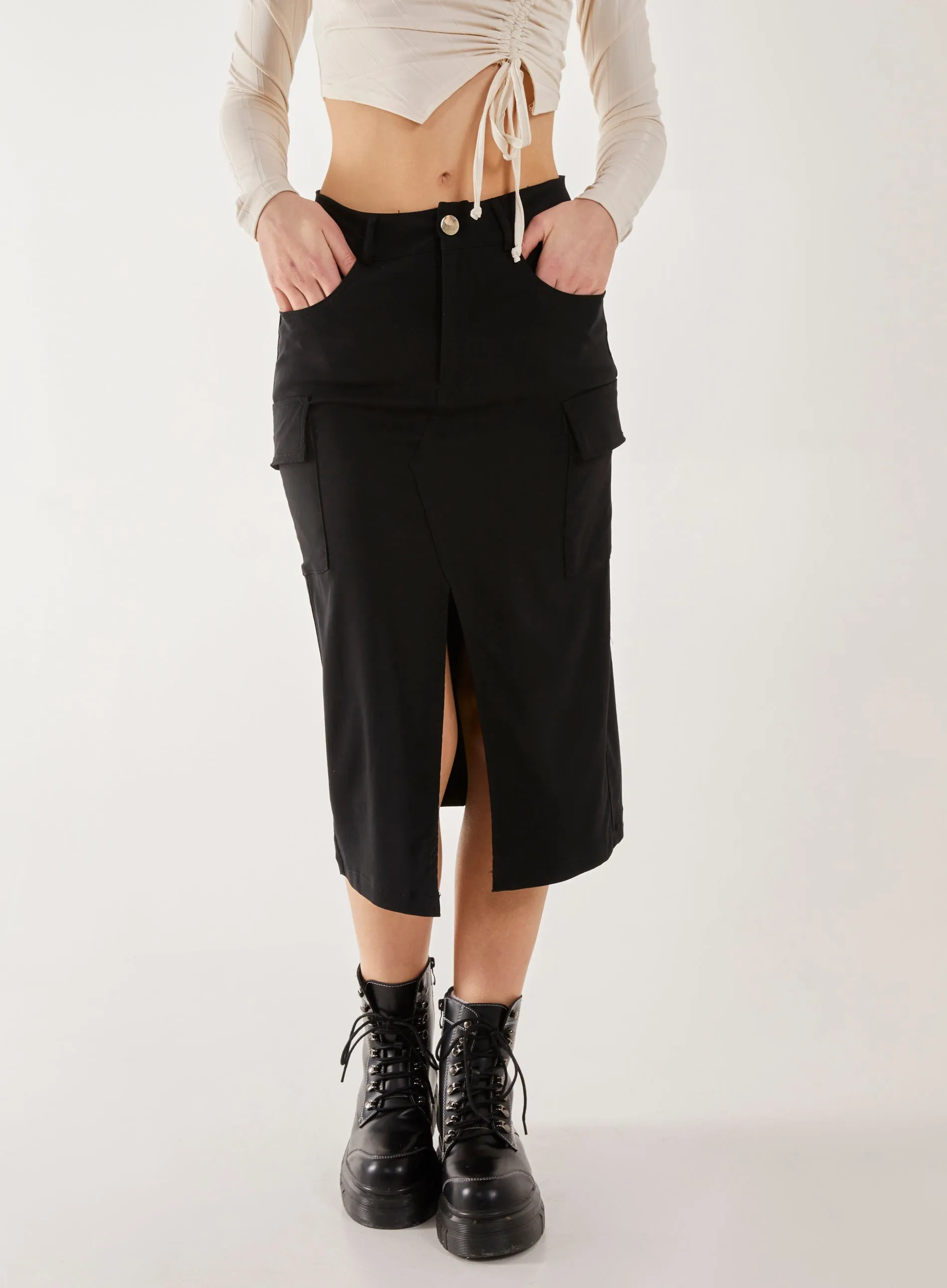 Utility Cargo Midi Slit Skirt