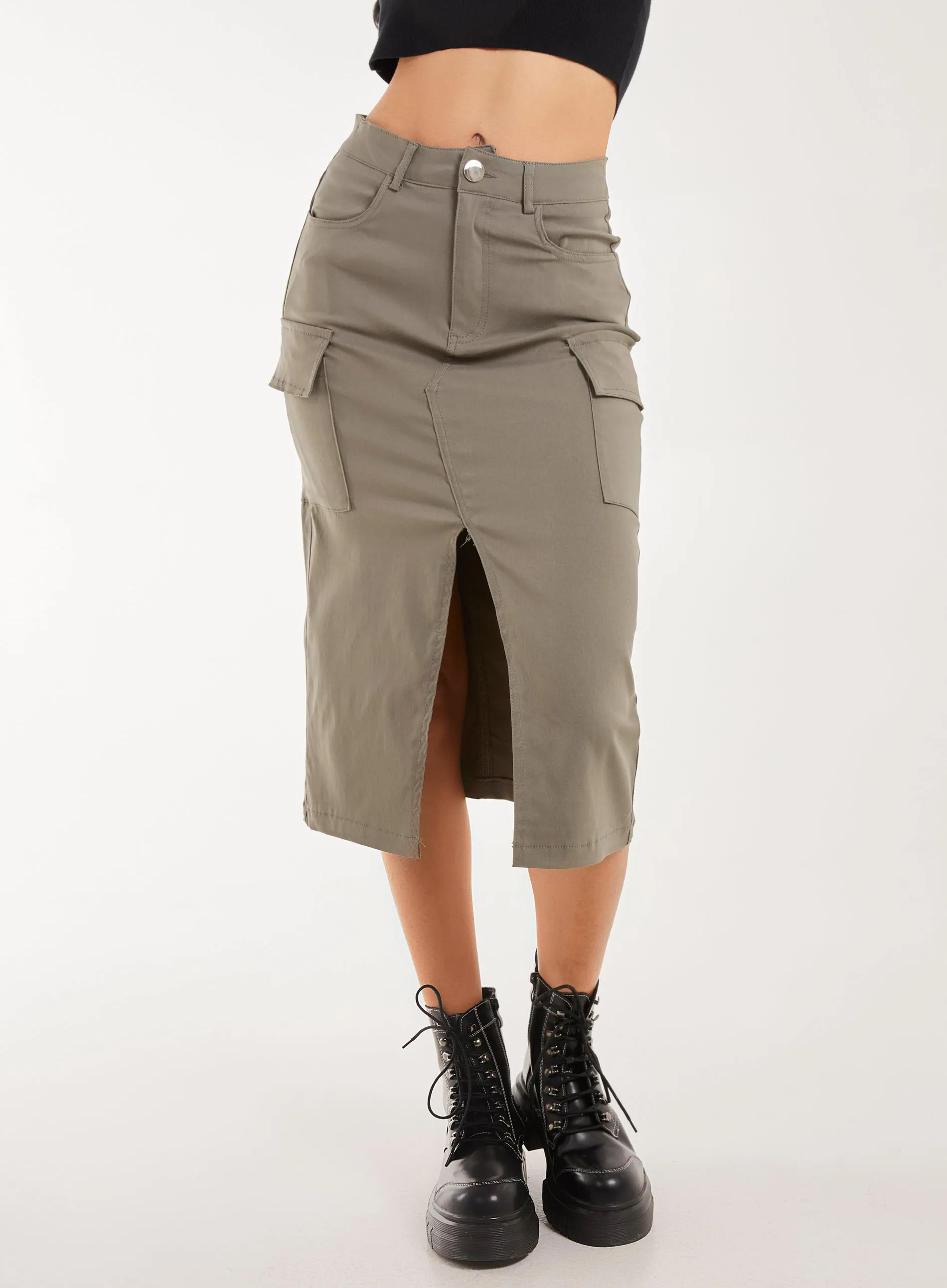 Utility Cargo Midi Slit Skirt