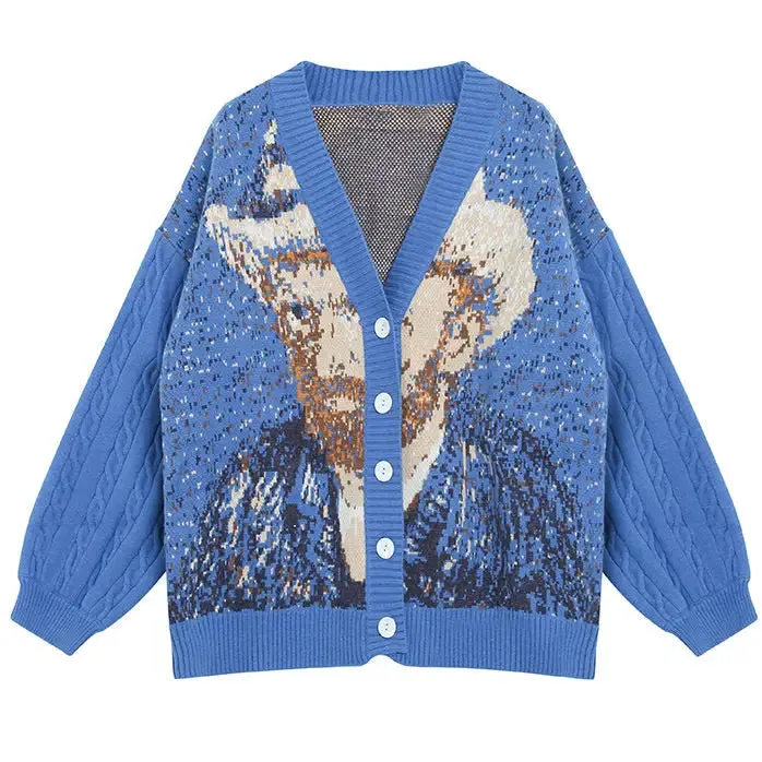 Van Gogh Self-Portrait Knit Cardigan in Y2K Style