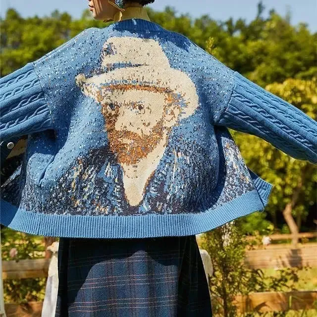 Van Gogh Self-Portrait Knit Cardigan in Y2K Style
