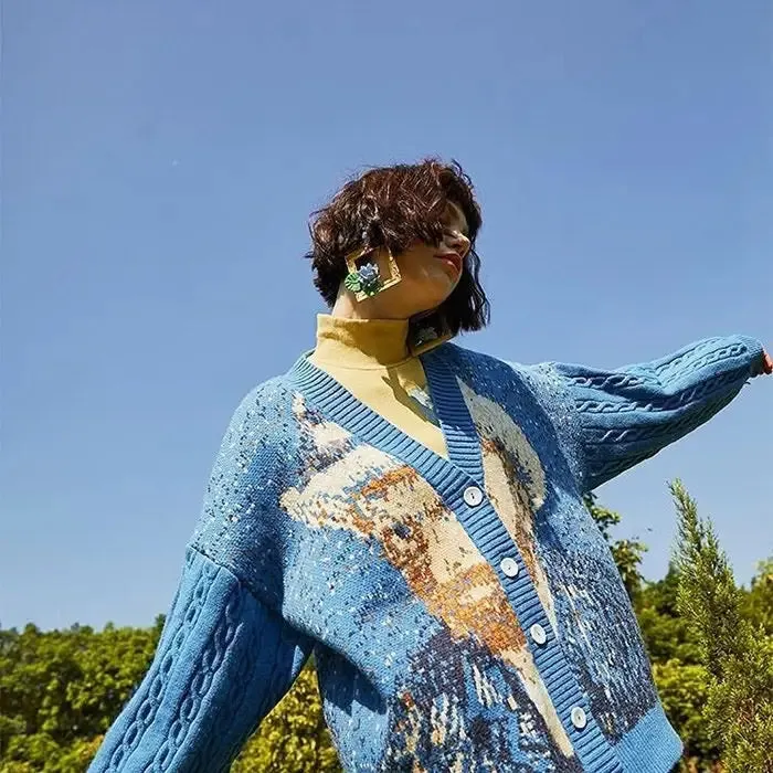Van Gogh Self-Portrait Knit Cardigan in Y2K Style