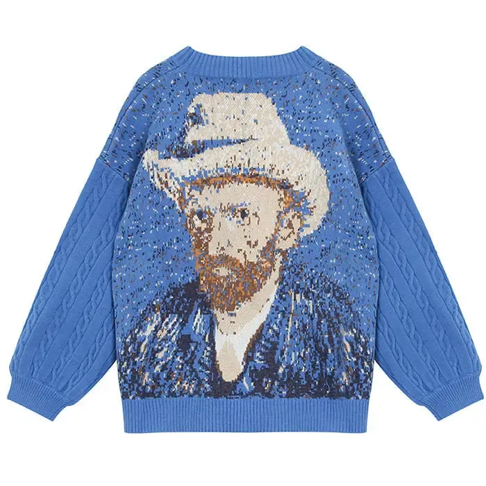 Van Gogh Self-Portrait Knit Cardigan in Y2K Style