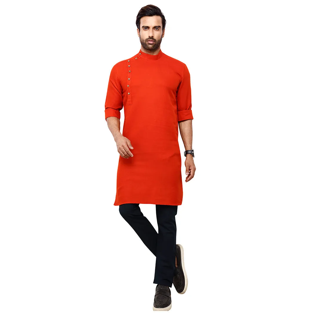 Vibrant  Orange Plain Kurta  for Men