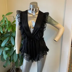 Vintage sheer deep v babydoll nightie onesie bodysuit lingerie // size medium (HT2334)